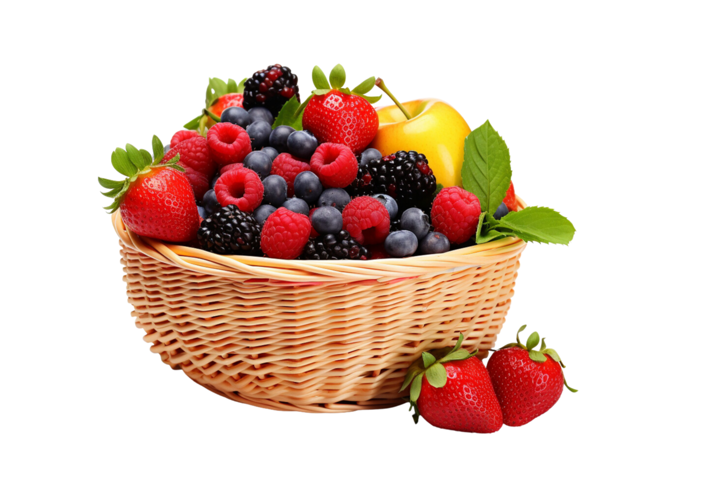 AI Generated Fruits including oranges, apples, grapes, bananas are in a wicker basket. png