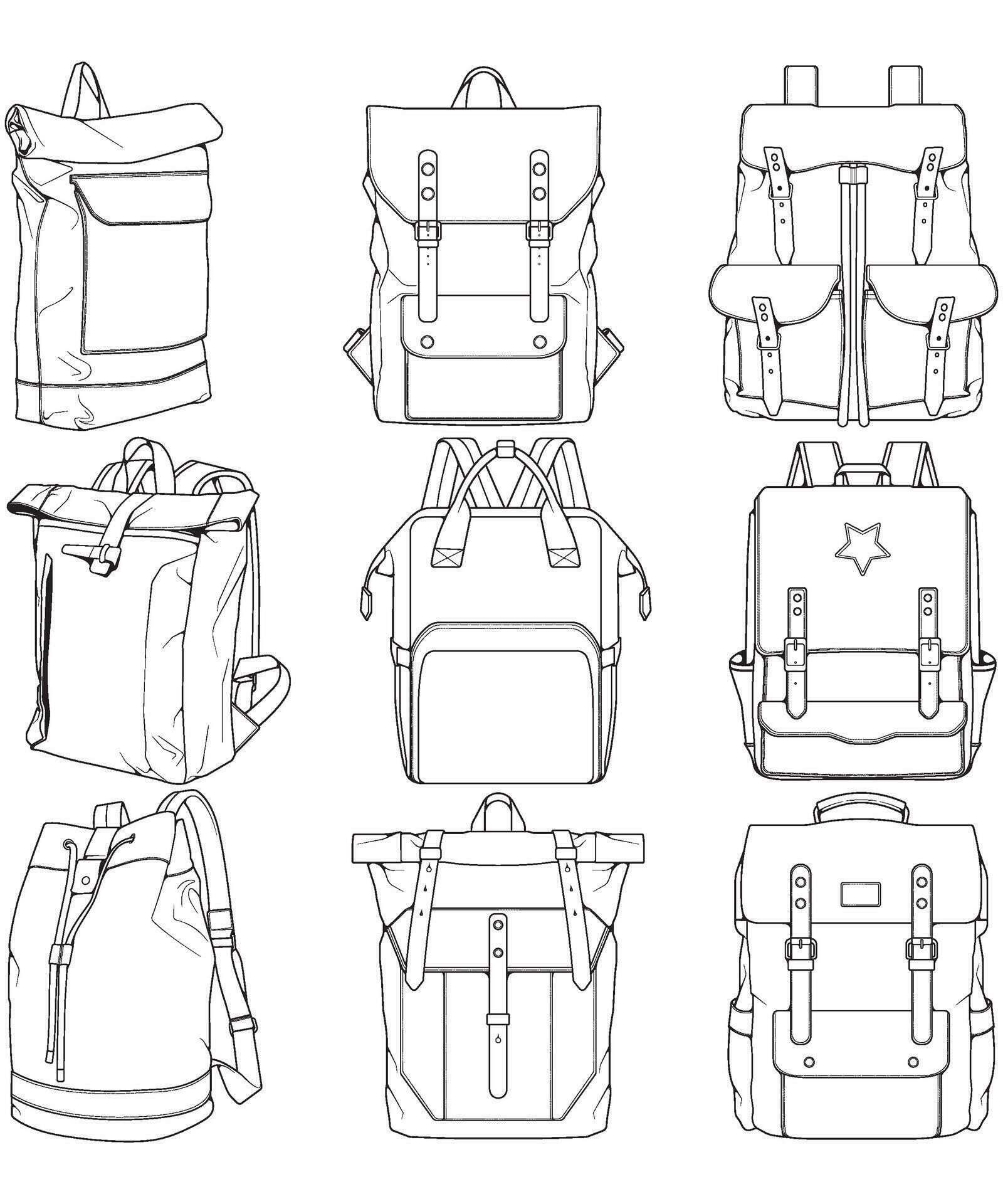 Hand drawn Vector Set of Backpacks. Cartoon Casual Backpack, cool