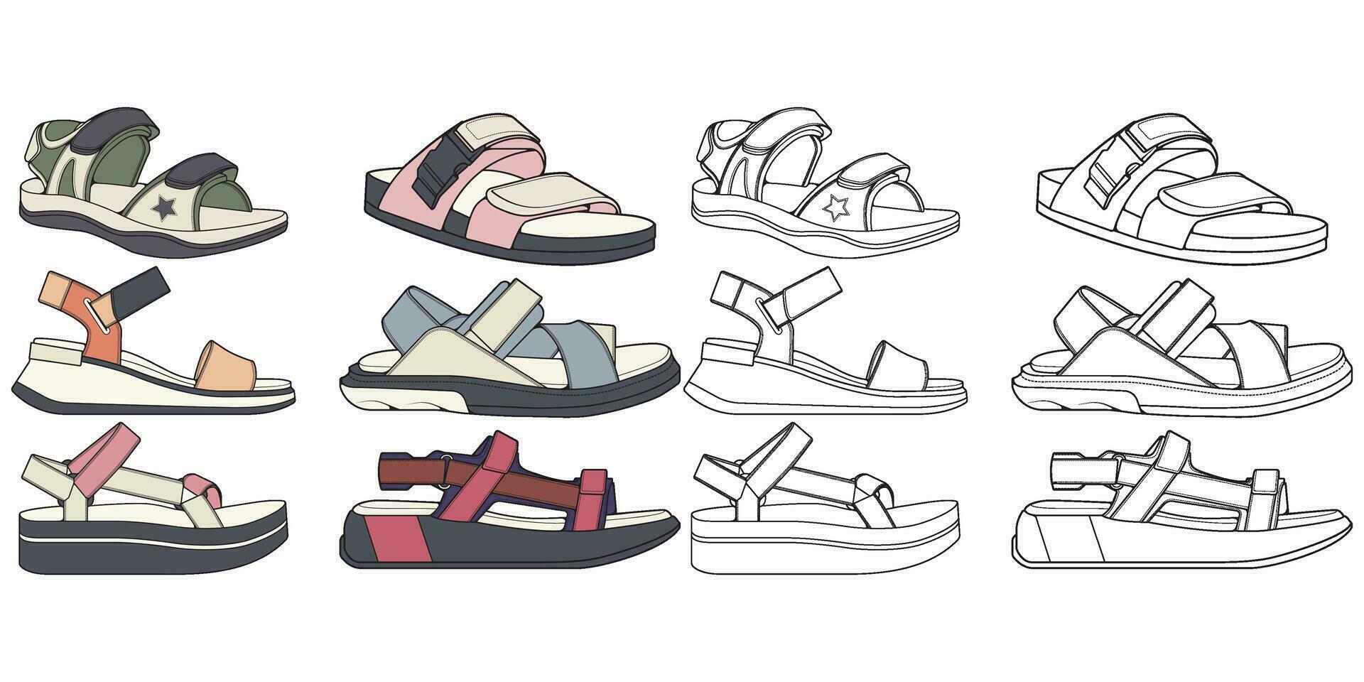 Strap sandals coloring drawing vector, strap sandals drawn in a sketch style, bundling strap sandals template full color, vector Illustration.