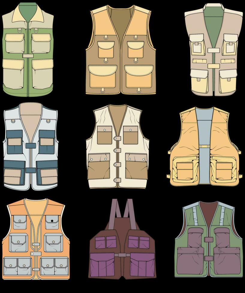 full color vector drawing vest set, vest with sketch style, training template vector vest, vector illustration.