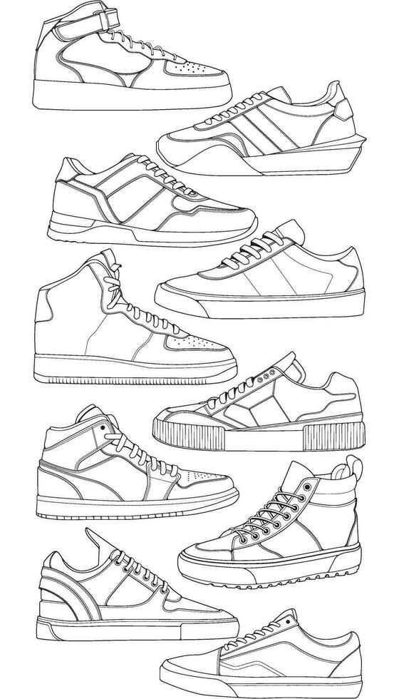 Set of shoes sneaker outline drawing vector, Sneakers drawn in a sketch style, bundling sneakers trainers template outline, vector Illustration.