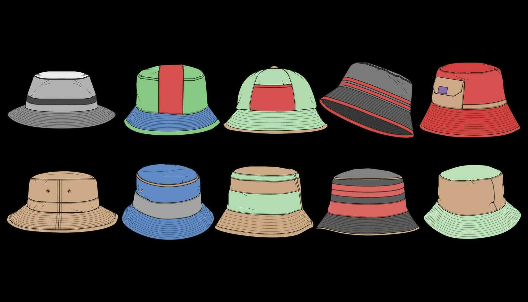Bundle set bucket hat color block vector, set bucket hat in a full color style, trainers template outline, vector Illustration.