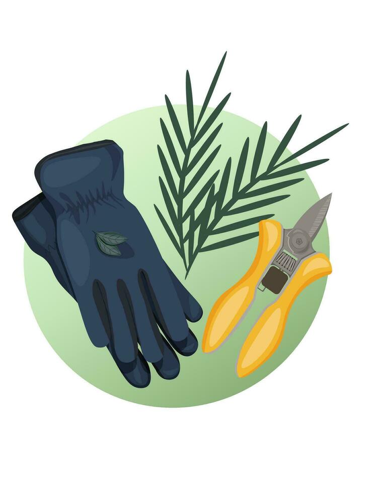 Gardening gloves and pruning shears on a green background. Gardening Tools. Gardening. Landscape design. Vector illustration on a white background.