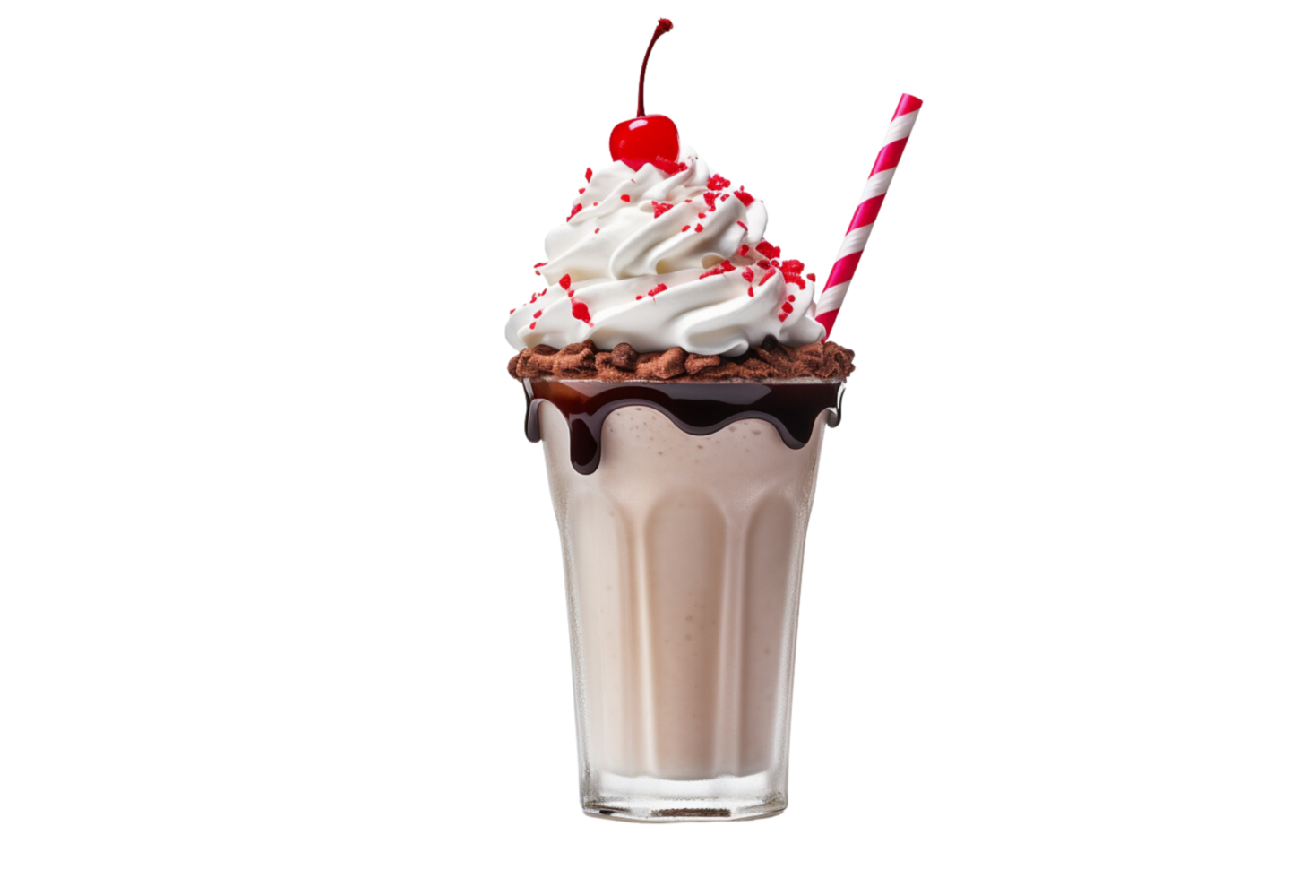 AI Generated milkshake drink topped with whipped cream and syrup on a transparent background. png