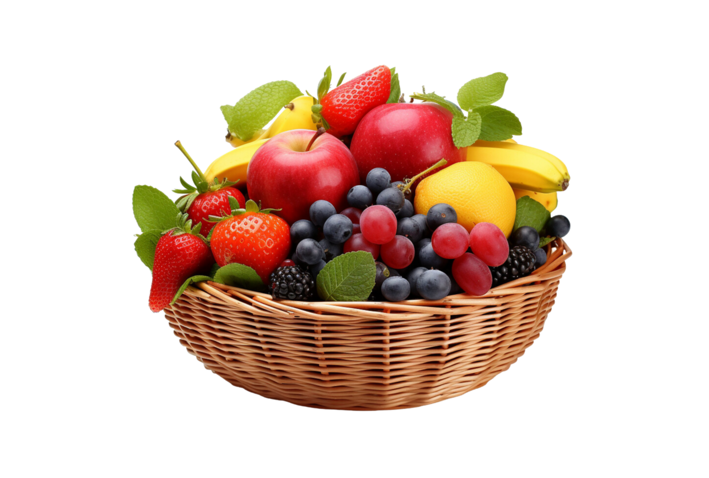 AI Generated Fruits including oranges, apples, grapes, bananas are in a wicker basket. png