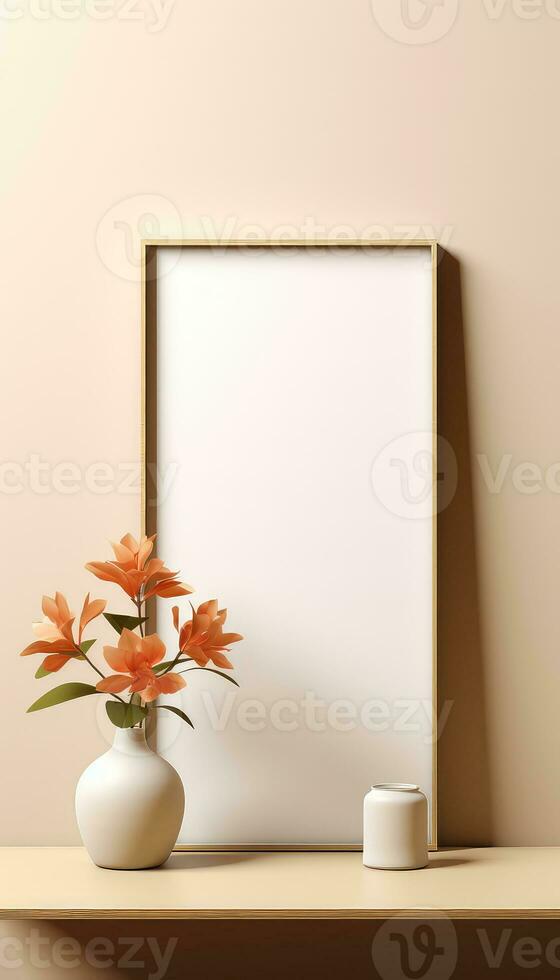 Realistic Beige Frame and Plant Vase on Matte Warm Background AI generated photo
