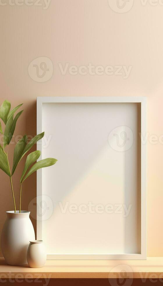 Realistic Beige Frame and Plant Vase on Matte Warm Background AI generated photo