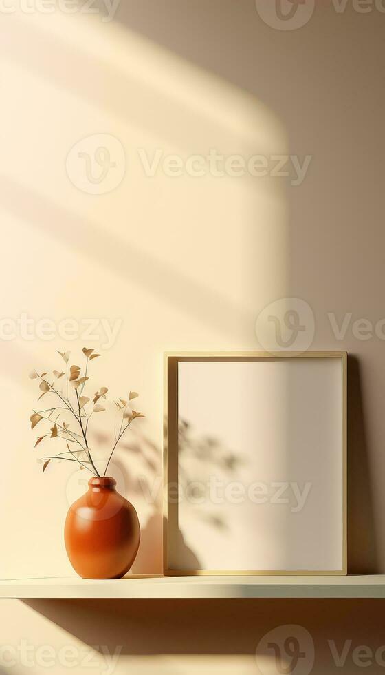 Realistic Beige Frame and Plant Vase on Matte Warm Background AI generated photo