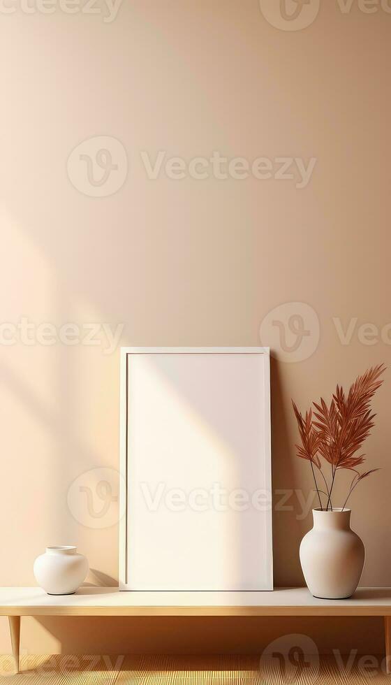 Realistic Beige Frame and Plant Vase on Matte Warm Background AI generated photo