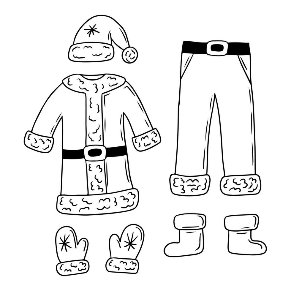 Doodle outline set of Santa Clause clothes. Sketch hand drawn Christmas design for coloring pages, stickers, pattern. Black pants, socks, hat, coat, shoes and gloves on white background vector