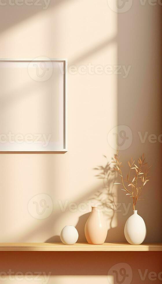 Realistic Beige Frame and Plant Vase on Matte Warm Background AI generated photo