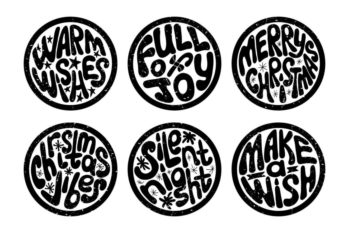 Grunge Christmas groovy round stamps with scratches. Typographic flat isolated stickers or printouts with grunge texture. Winter holidays slogans. Ideal for t shirt print, decoration vector