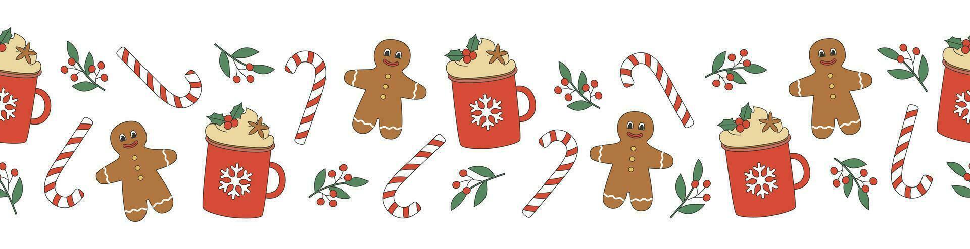 Groovy Christmas seamless border. Red cup, gingerbread man and candy cane in trendy retro cartoon style. Background for winter festive design. vector