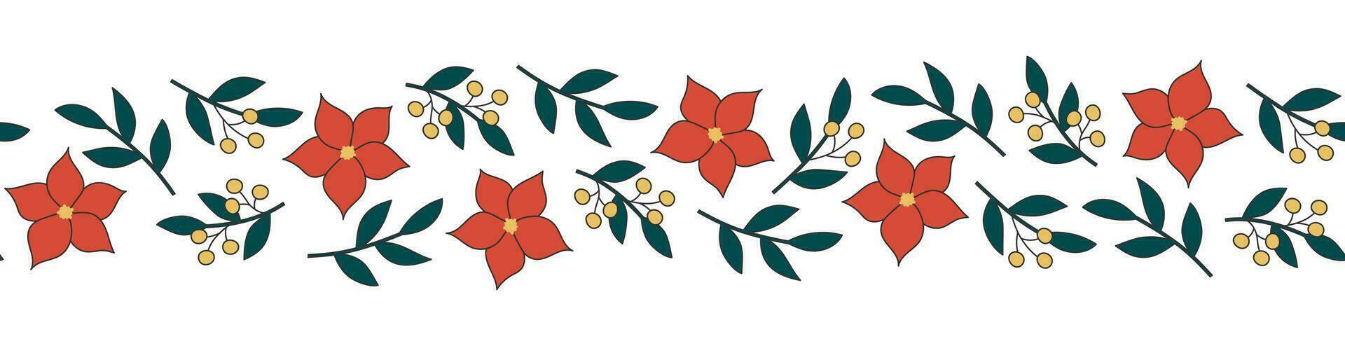 Seamless border with poinsettia flowers and blue branches on white background. Good for fabric, wallpaper, packaging, textile, web design. vector