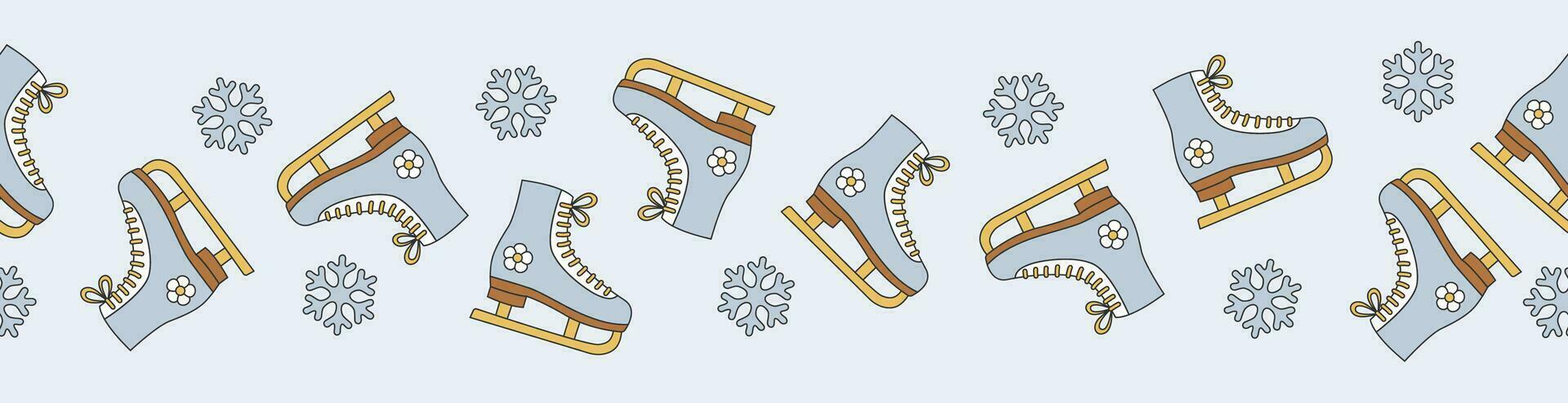 Groovy Christmas seamless border with ice skates. Figure skates and snowflakes on blue background. vector