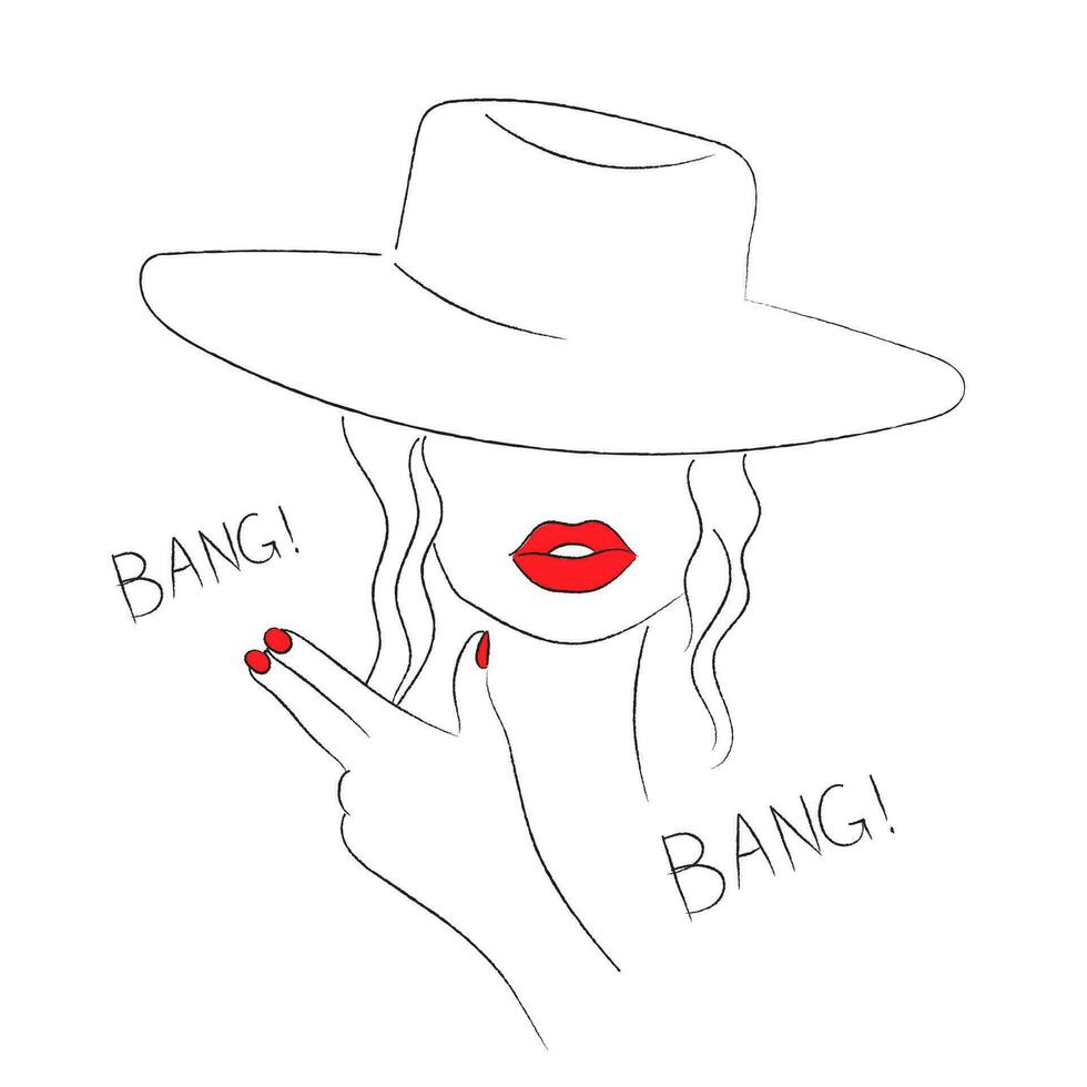mano dibujado mujer en sombrero participación dedos en pistola gesto. línea Arte vector