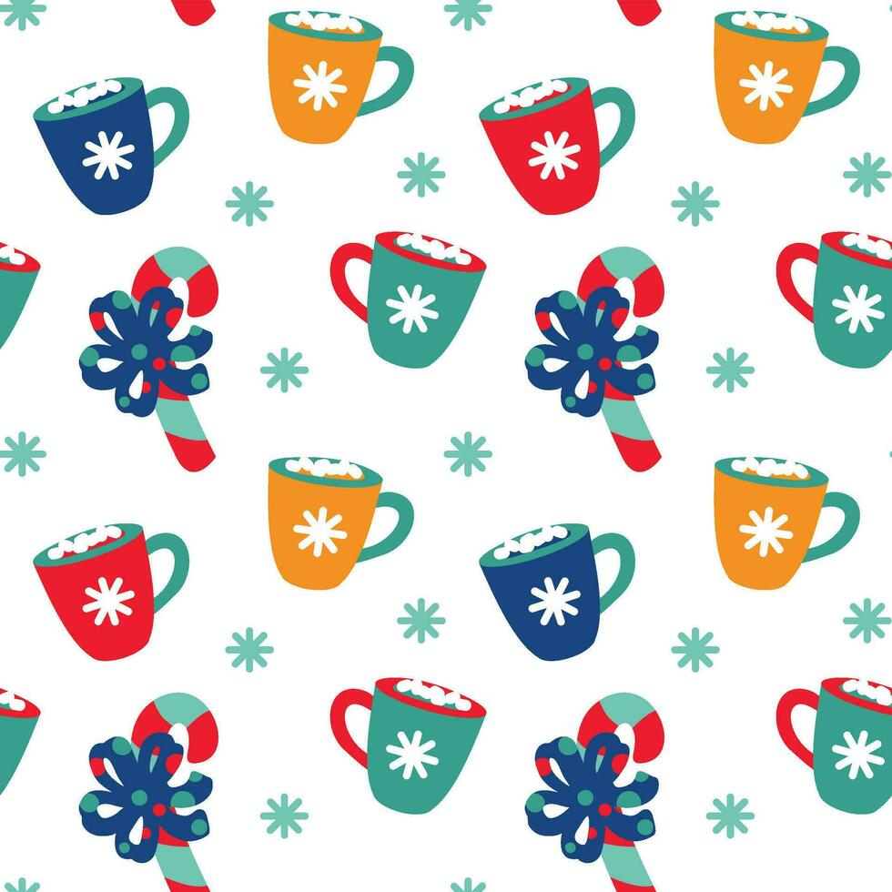 Cute Christmas cups with cocoa and marshmallows. Seamless pattern. Vector. vector