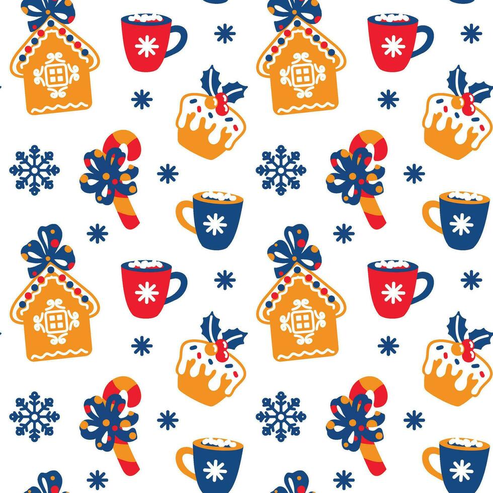 Cute Christmas cups with cocoa and marshmallow, gingerbread cookies, candy cane and other traditional christmas sweets. Seamless pattern. Vector. vector