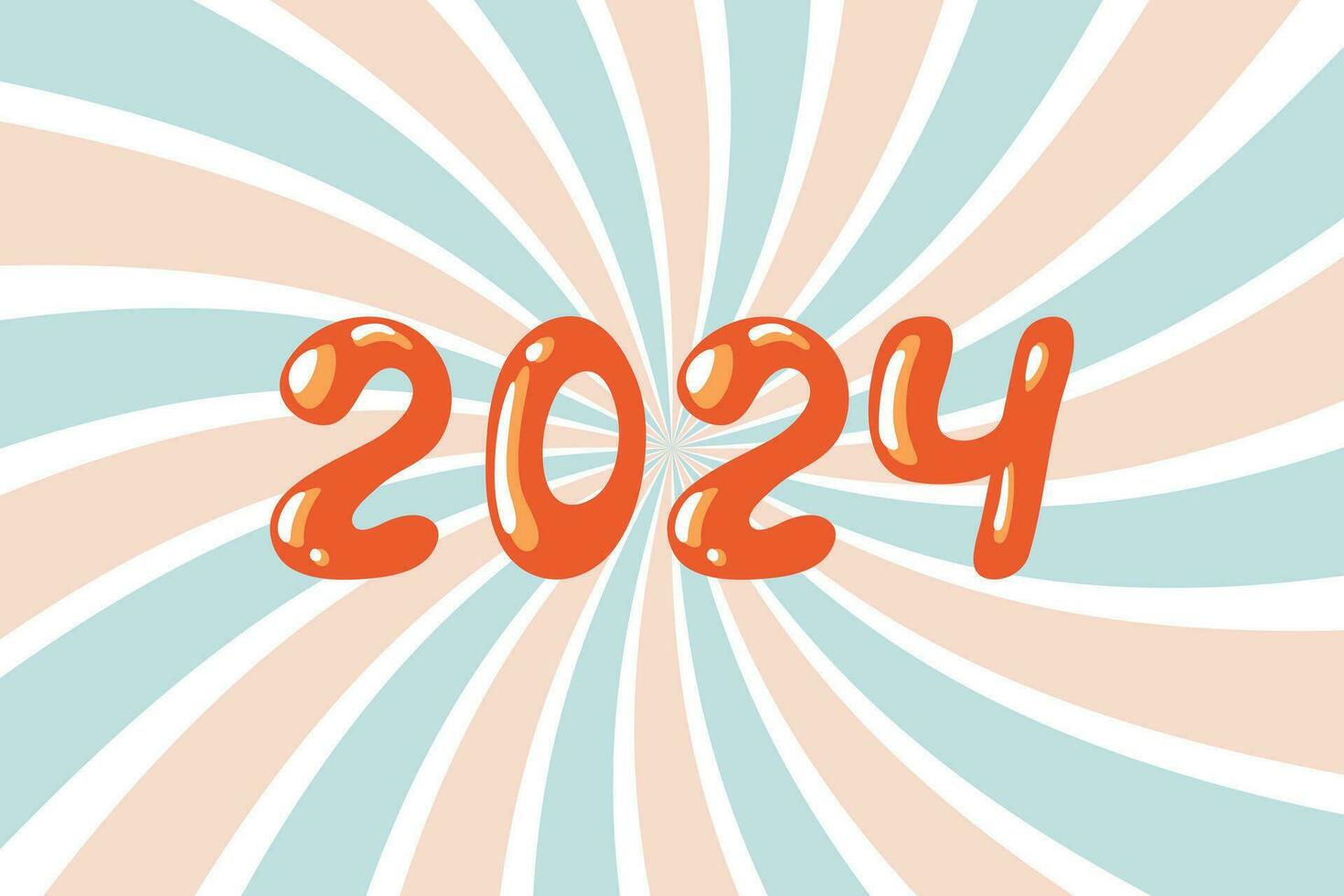 2024 groovy vector. Hand drawn number 2024 New Year isolated on swirl background in retro style vector