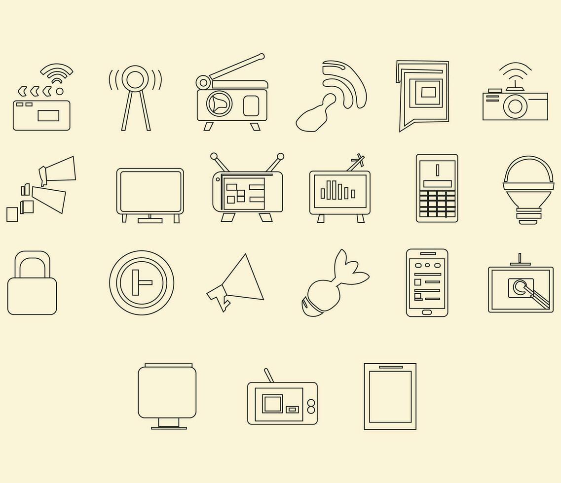 A summary of the media a big set of vector icons on a white backdrop. the idea for a media company. web and UI design media line icons