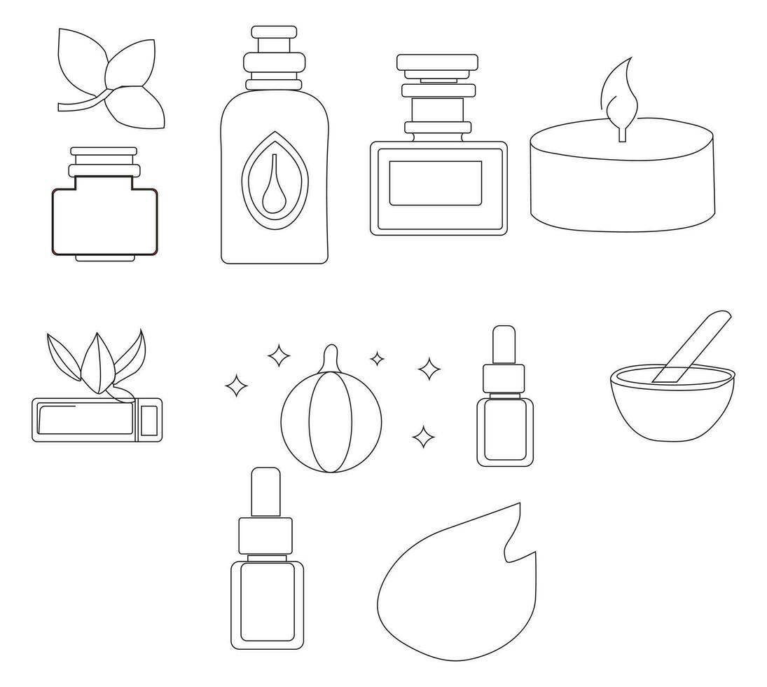 Icons for essential oils and perfume. Set of outline essential oil and fragrance vector icons for web design, isolated on white .eps