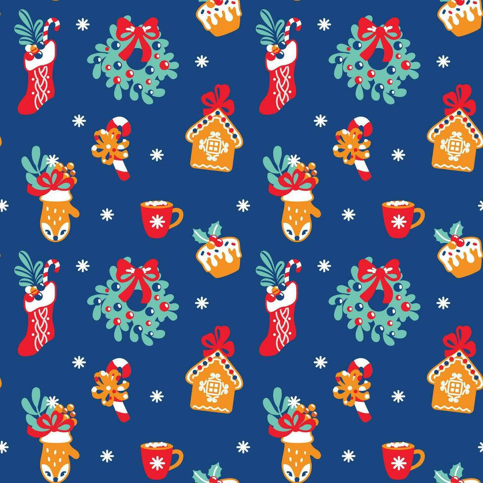Cute Christmas cups with cocoa and marshmallow, gingerbread cookies, candy cane and other traditional christmas sweets. Seamless pattern. Vector. vector