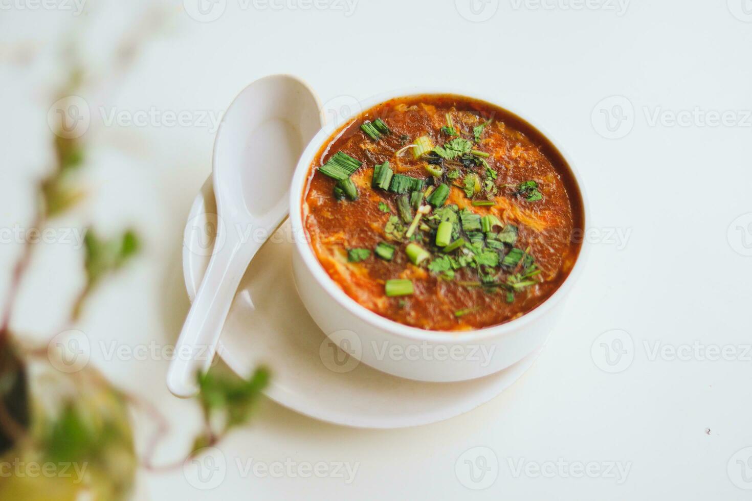 Homemade tomato soup in a white bowl with saucer. Side view isolated on a white background. photo