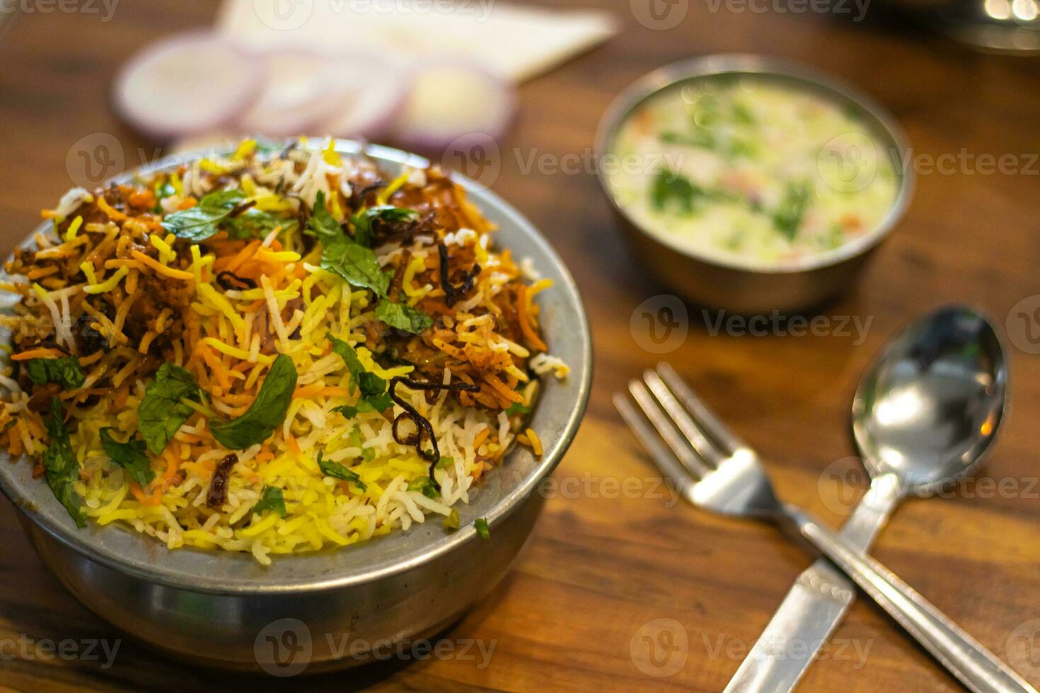 Dum chicken biriyani, close up image of Kerala-Thalassery biriyani which is mixed with masala photo