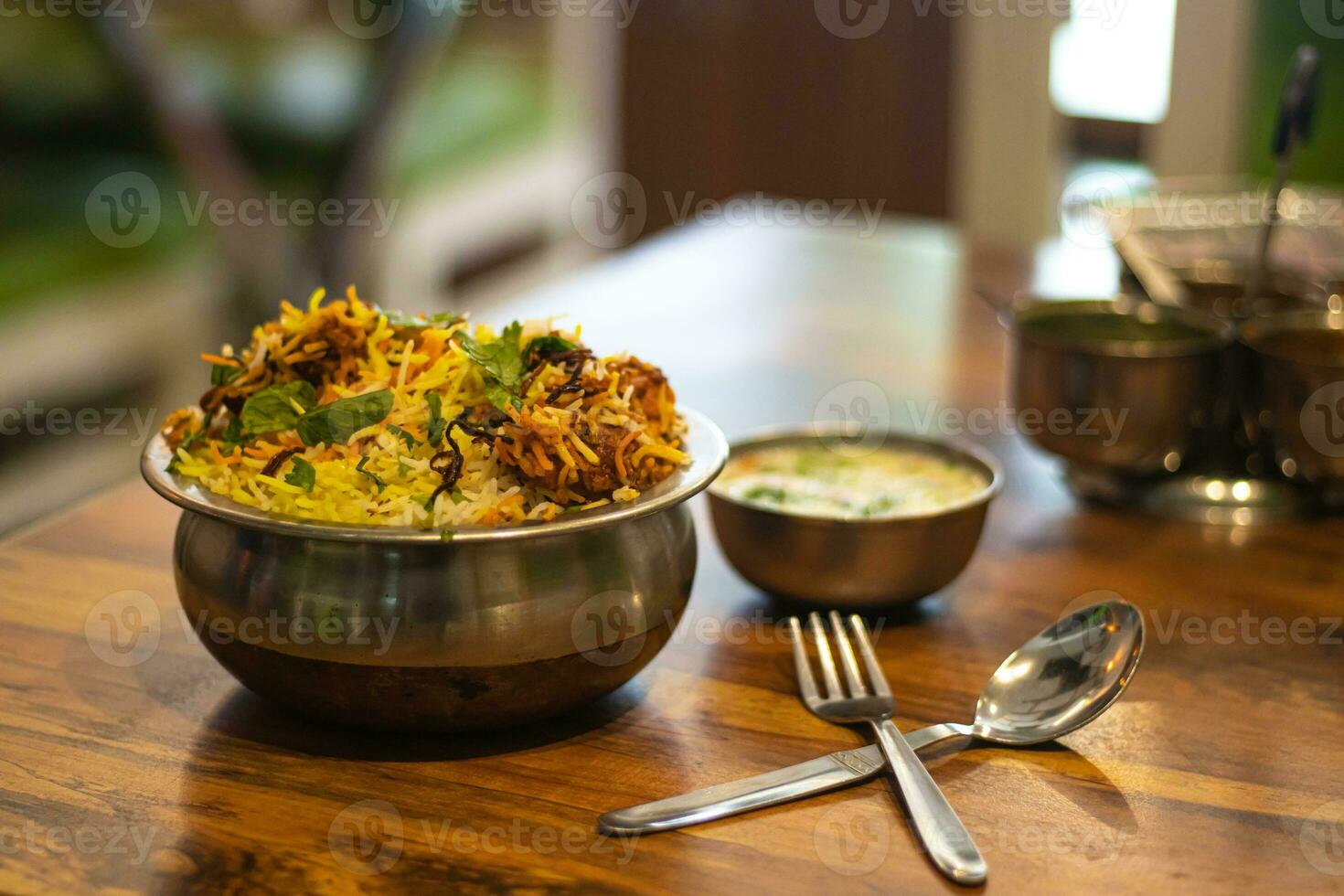 Dum chicken biriyani, close up image of Kerala-Thalassery biriyani which is mixed with masala photo