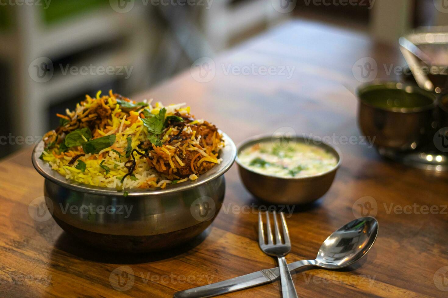 Dum chicken biriyani, close up image of Kerala-Thalassery biriyani which is mixed with masala photo