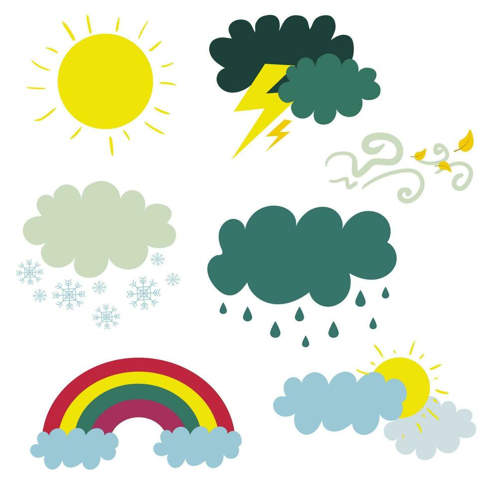 Weather elements. Rainbow and clouds. Vector set