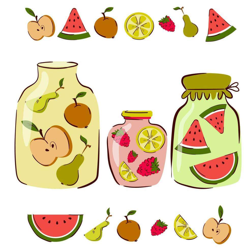 hecho en casa frascos de conservación el Fruta y bayas. conjunto de vaso frascos con estofado frutas y baya Enjambres. compota vs mermelada, mermelada. otoño cosecha estación. vector ilustración