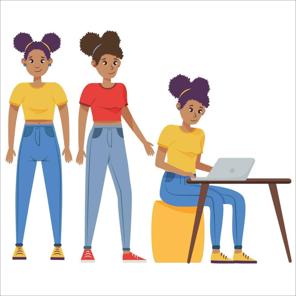 conjunto de plano diseño joven negro afro americano mujer caracteres, varios poses y gestos y todos los días actividades. estudiando, trabajando.vector ilustración vector