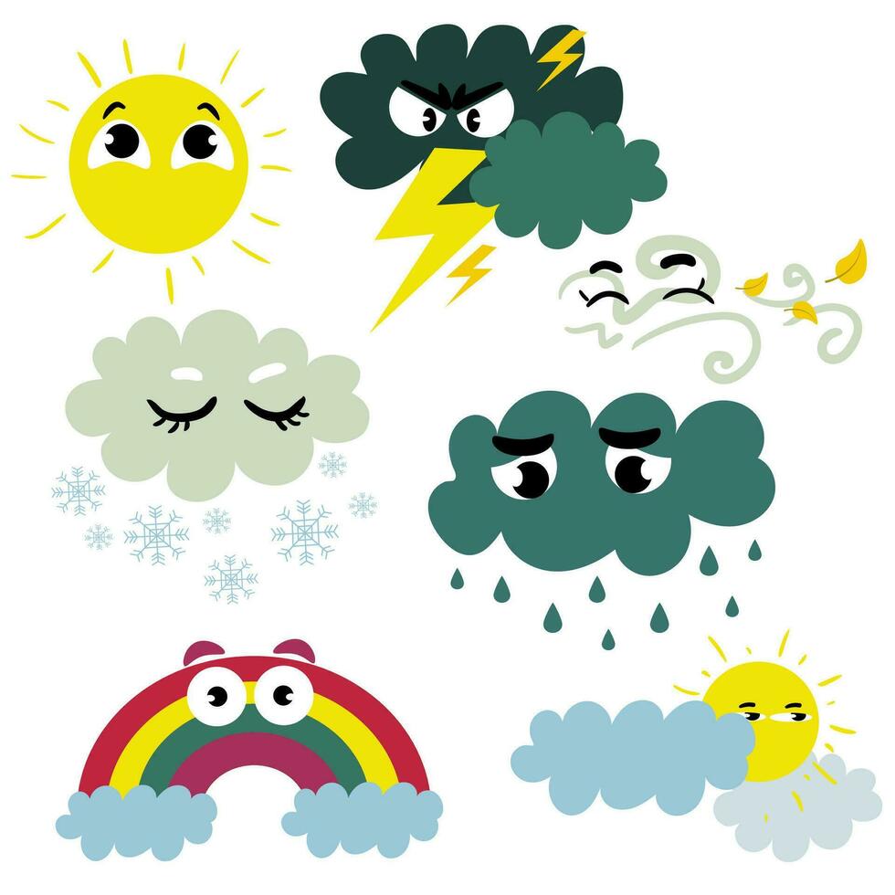 Cute clouds. Weather emotions. Vector set