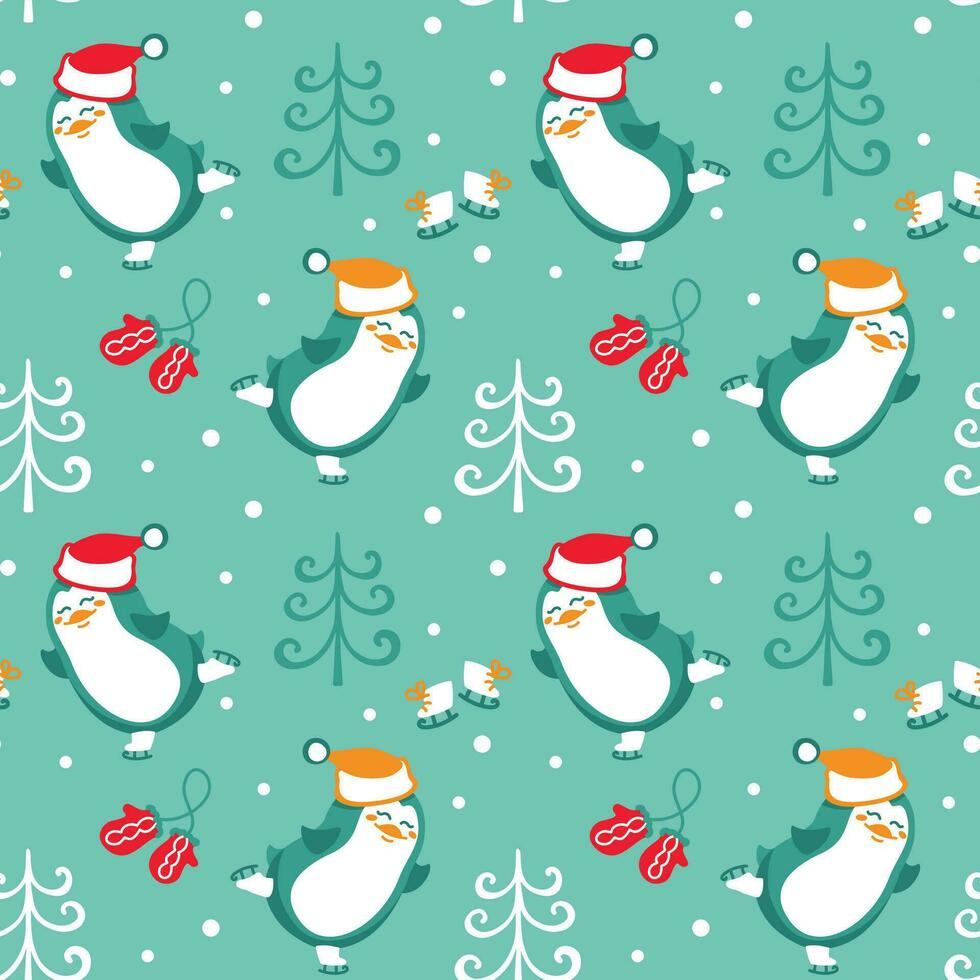 Cute penguin ice skating. Winter fun. Seamless pattern. Vector