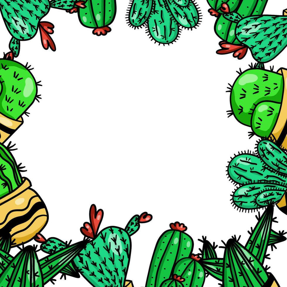 Round frame design template with houseplants, cactuses and succulents. vector