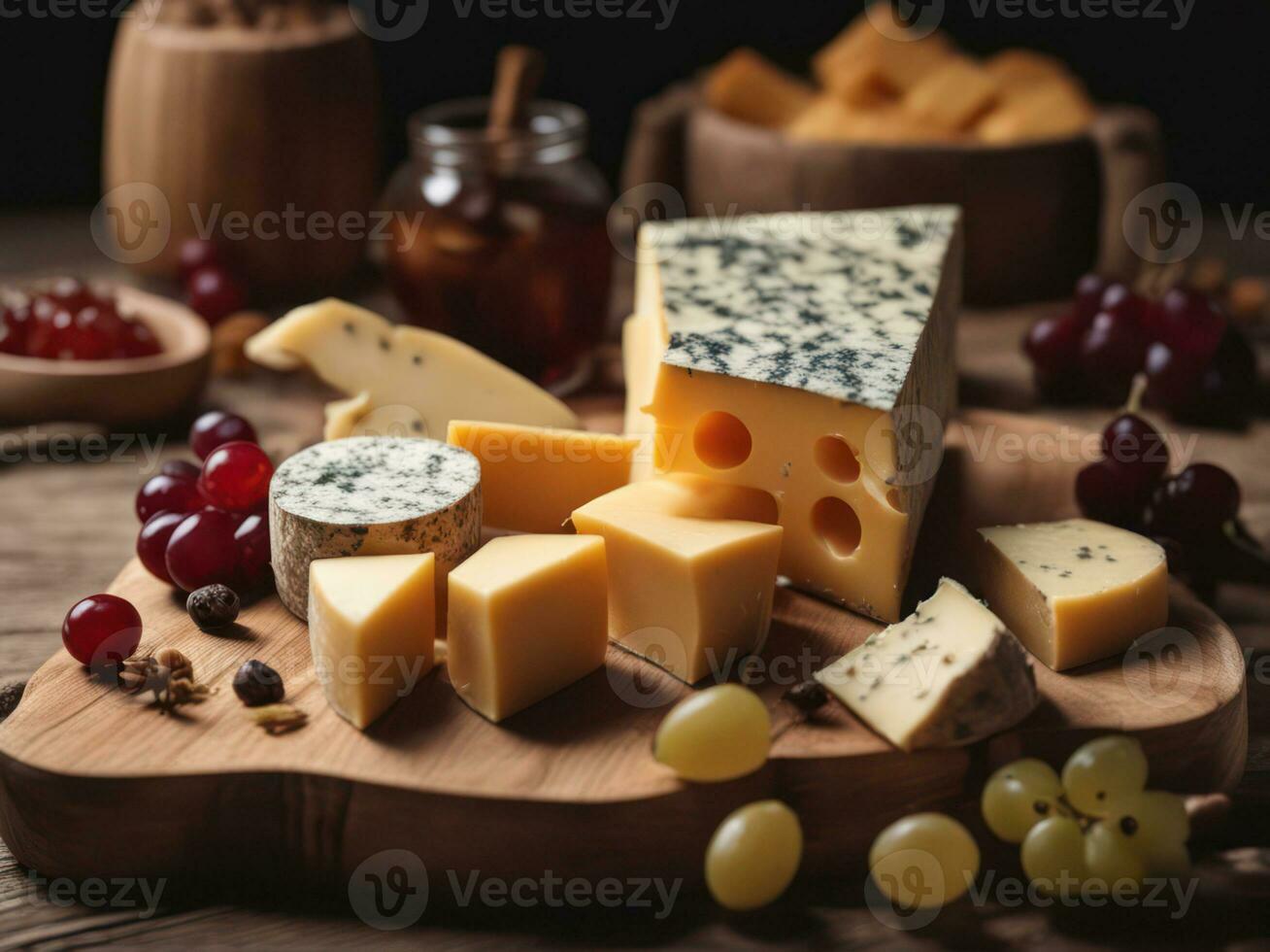 various types of cheese on rustic wooden table AI Generated photo