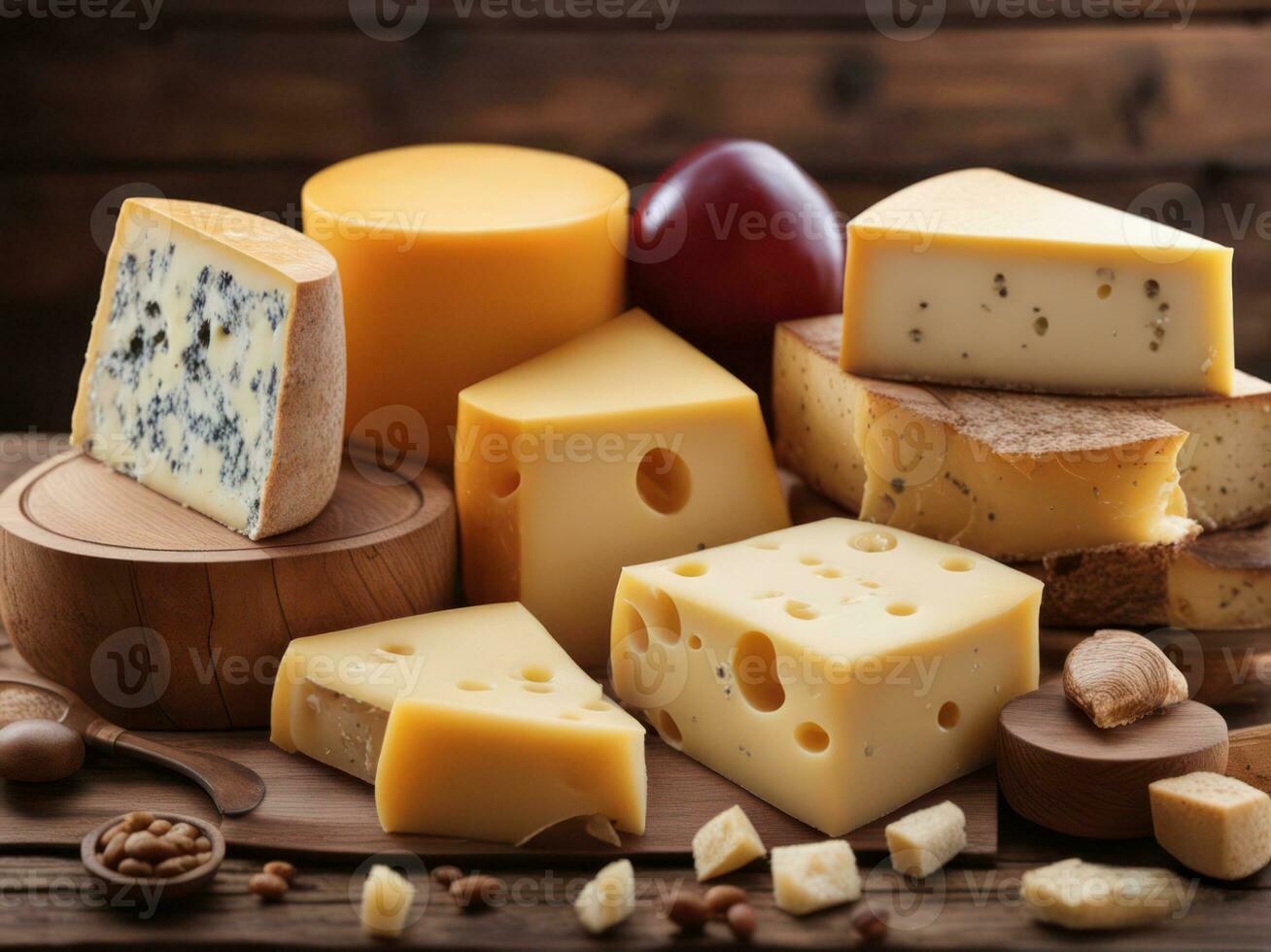 various types of cheese on rustic wooden table AI Generated photo