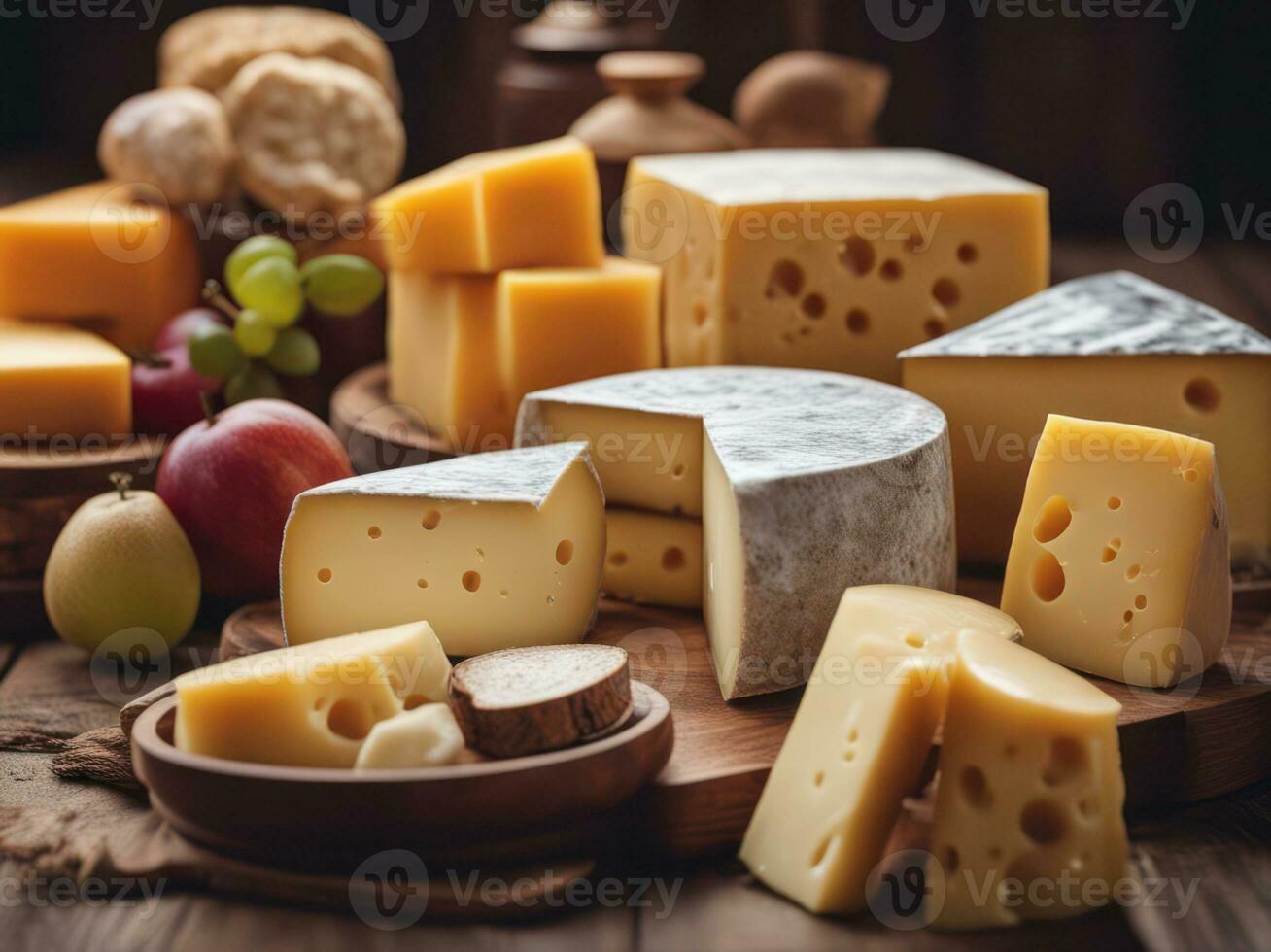 various types of cheese on rustic wooden table AI Generated photo