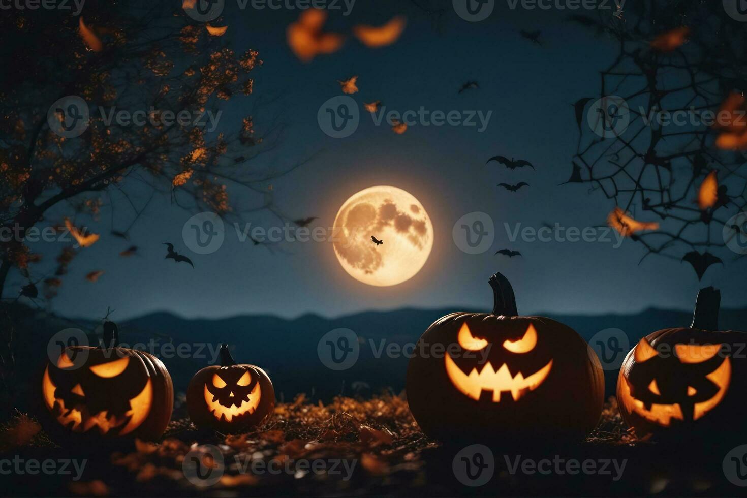 Carved pumpkins for halloween smiling on ground under big moonlight. Big moon on background. Bats on the sky. AI Generated photo