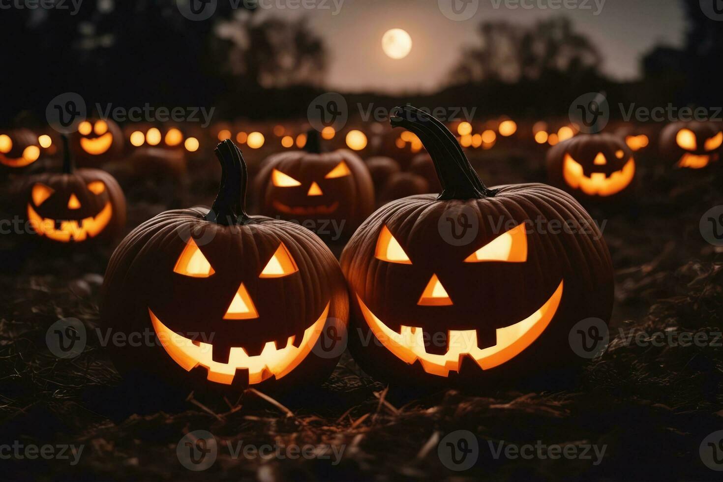 Carved pumpkins for halloween smiling on ground under big moonlight. Big moon on background. Bats on the sky. AI Generated photo