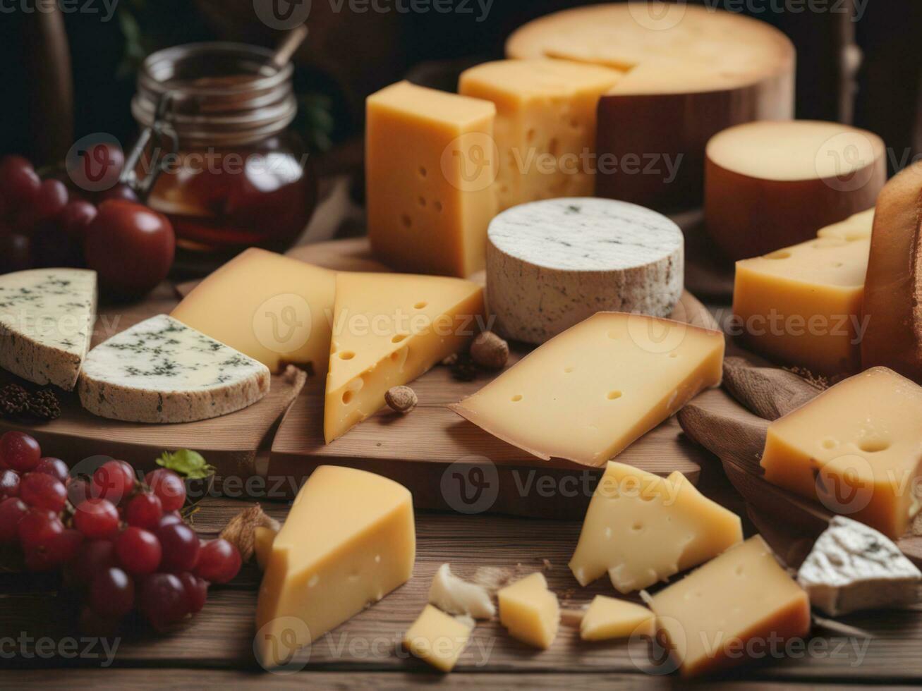 various types of cheese on rustic wooden table AI Generated photo