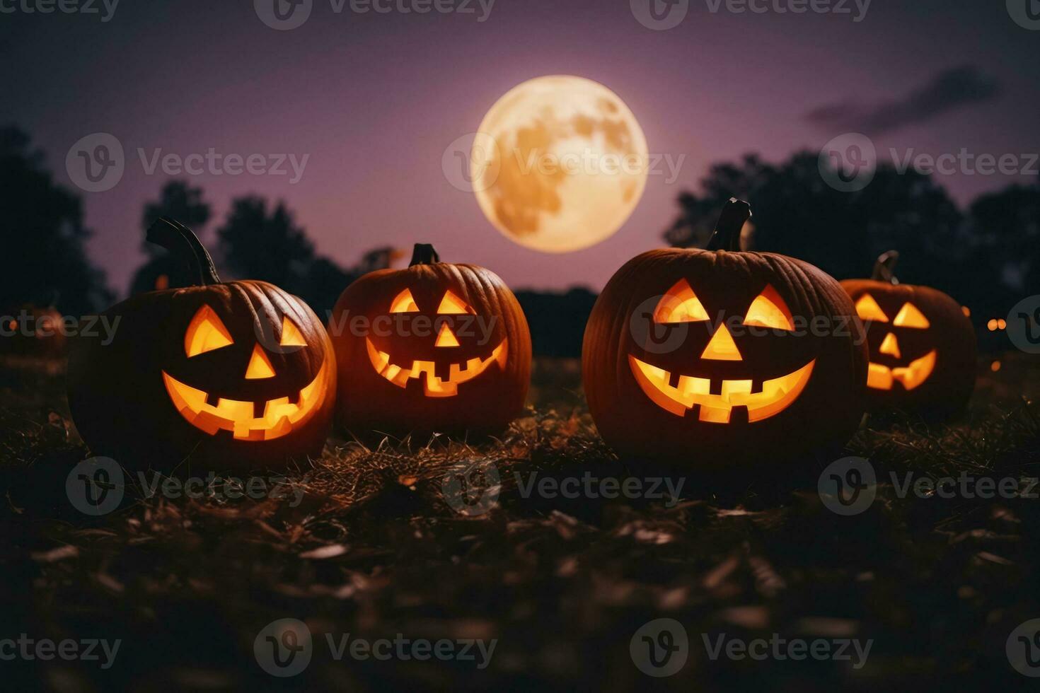 Carved pumpkins for halloween smiling on ground under big moonlight. Big moon on background. Bats on the sky. AI Generated photo