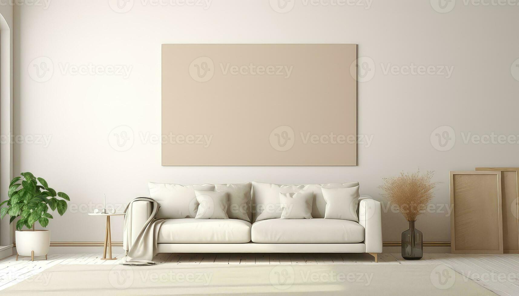 Minimalist Living Room Artist's Frame on Beige Rug AI generated photo