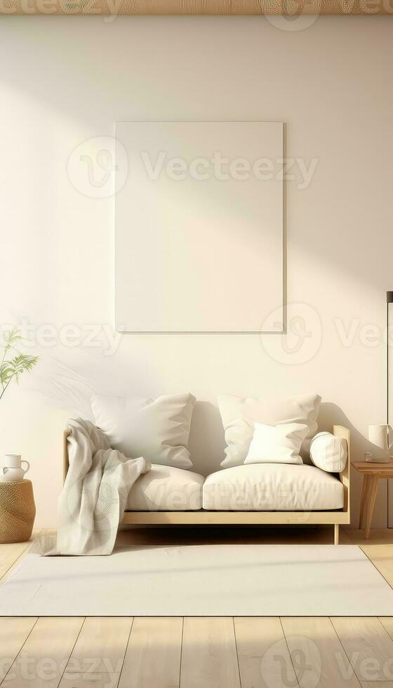 Minimalist Living Room Artist's Frame on Beige Rug AI generated photo