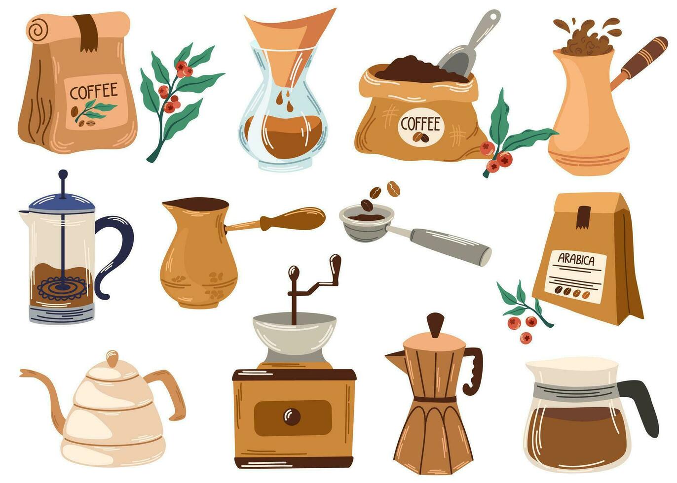 café elementos recopilación. café suministros iconos fabricante, francés prensa, maceta, café máquina, amoladora, granos plano gráfico vector ilustración aislado en blanco antecedentes