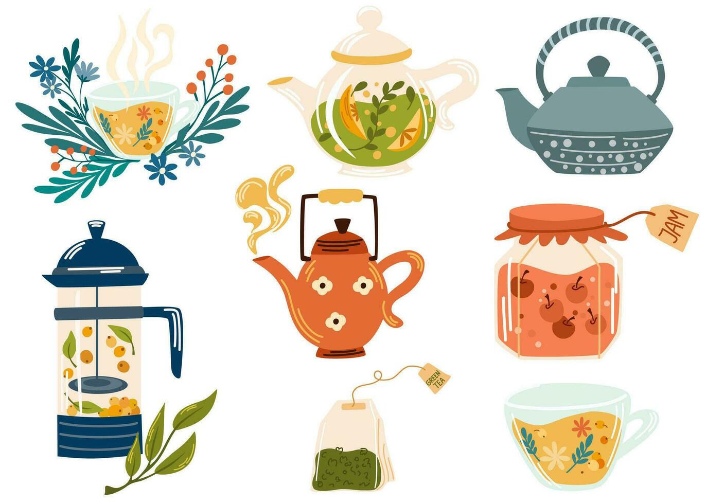 té colocar. hierbas, herbario té, homeopático naturópata esenciales, curación plantas. homeopatía, aromaterapia, natural tradicional medicamento. plano gráfico vector ilustración aislado en blanco antecedentes