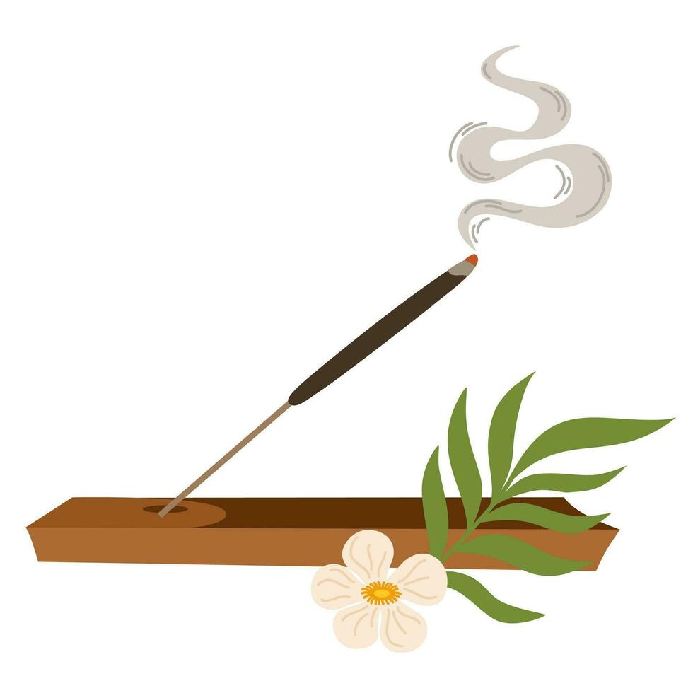 Incense. Scented Spy stick on a wooden stand. Meditation Item. Incense sticks. Cosmetic procedure aromatherapy. Hand draw vector illustration.