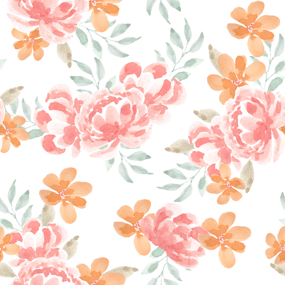 Vintage Rose and Orange Flower Watercolor Seamless Pattern png