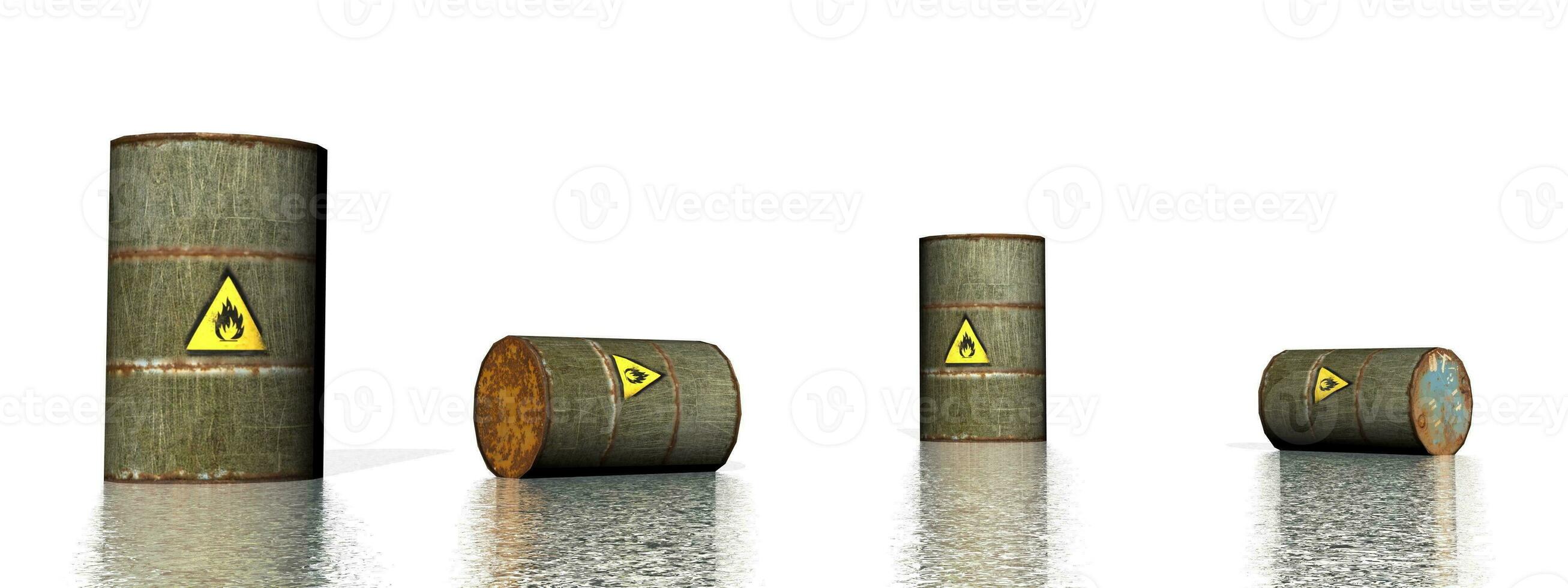 Four grey metallic barrels with inflammable logo - 3D render photo